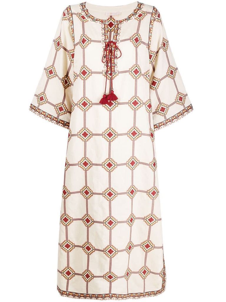 Caftan Dress Embroidered With Geometric Print