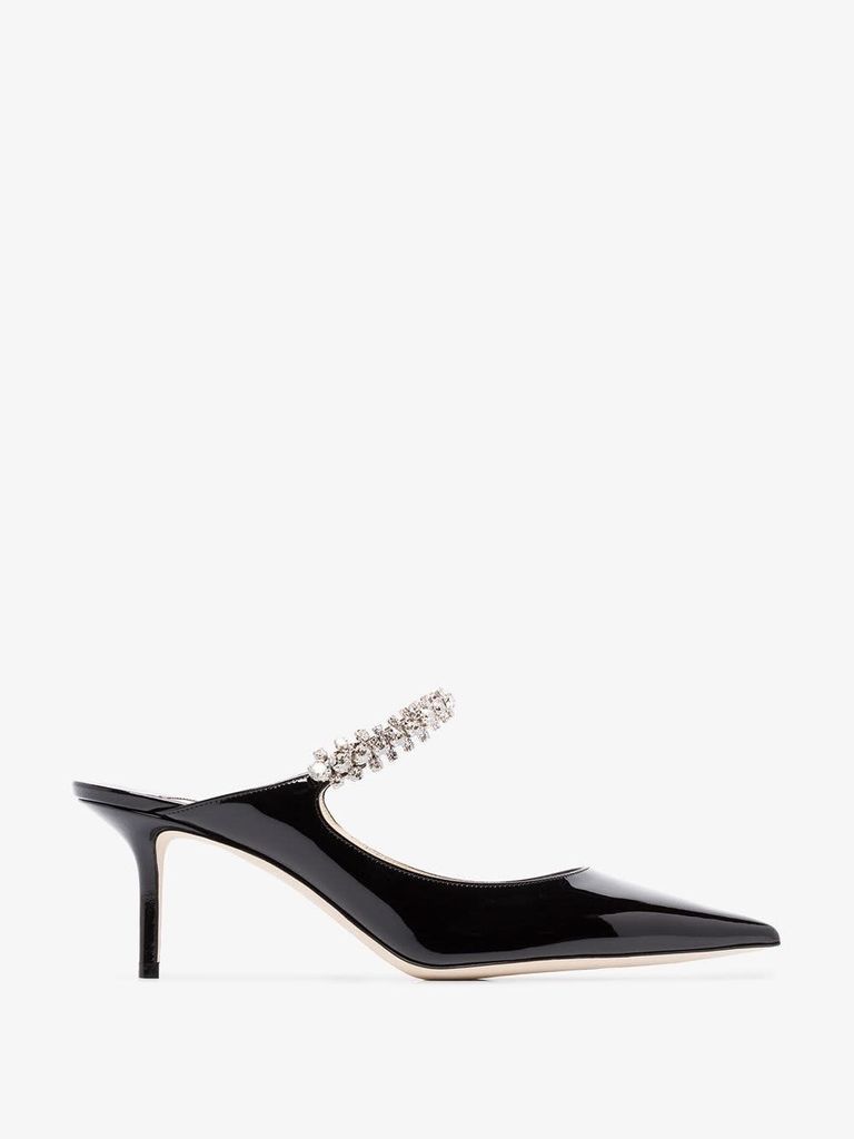 Black Patent Leather Mules With Crystal Strap
