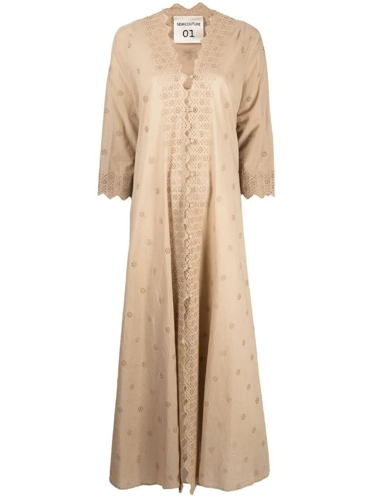 Adeline Long Dress In Perforated Beige Cotton