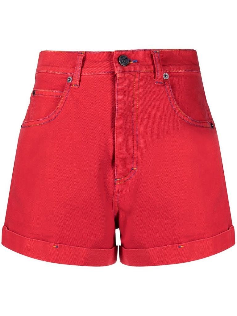Red Denim Shorts With Logo Embroidery