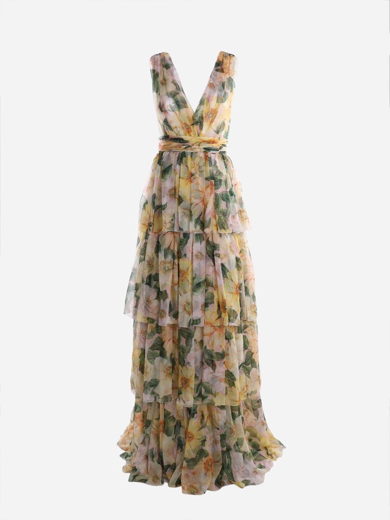 Long Camellia-print Chiffon Dress