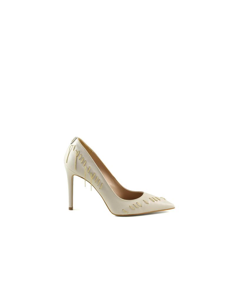 Neutral Leather High Heel Pumps W/gold Chain
