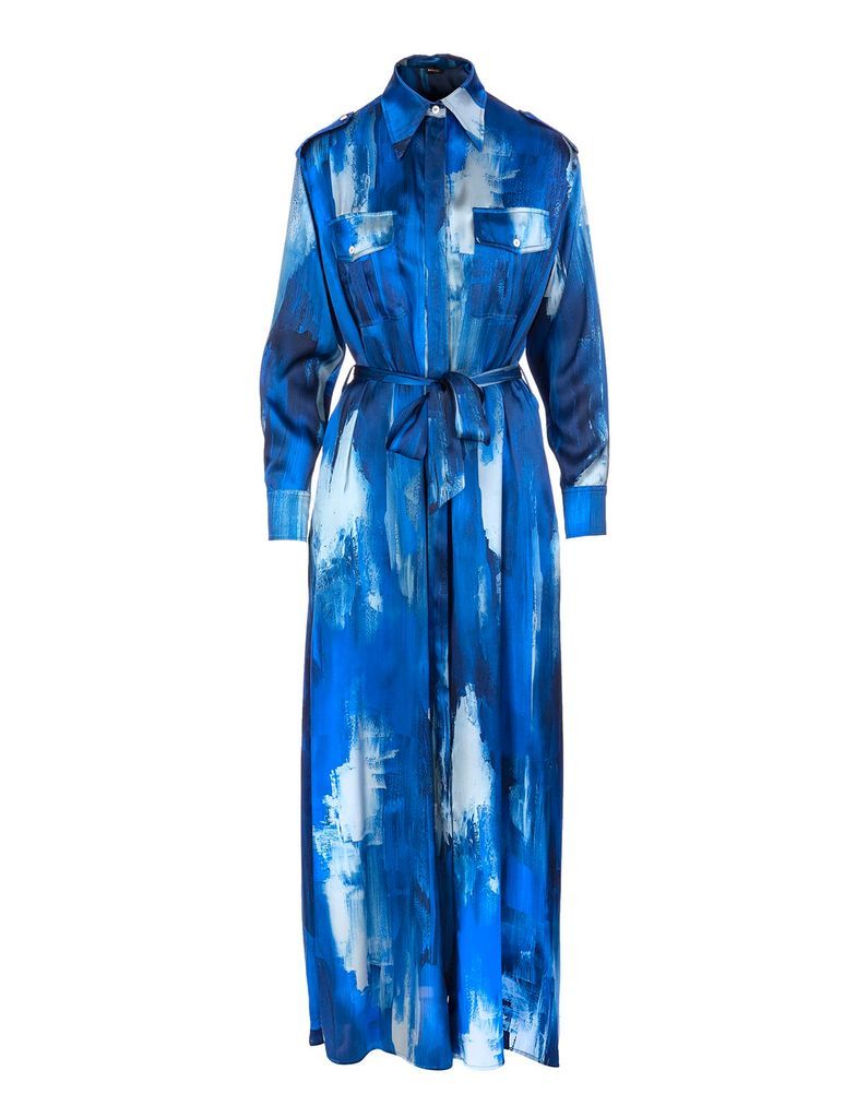 Powder-blue/electric-blue Silk Painterly-print Maxi Silk Dress