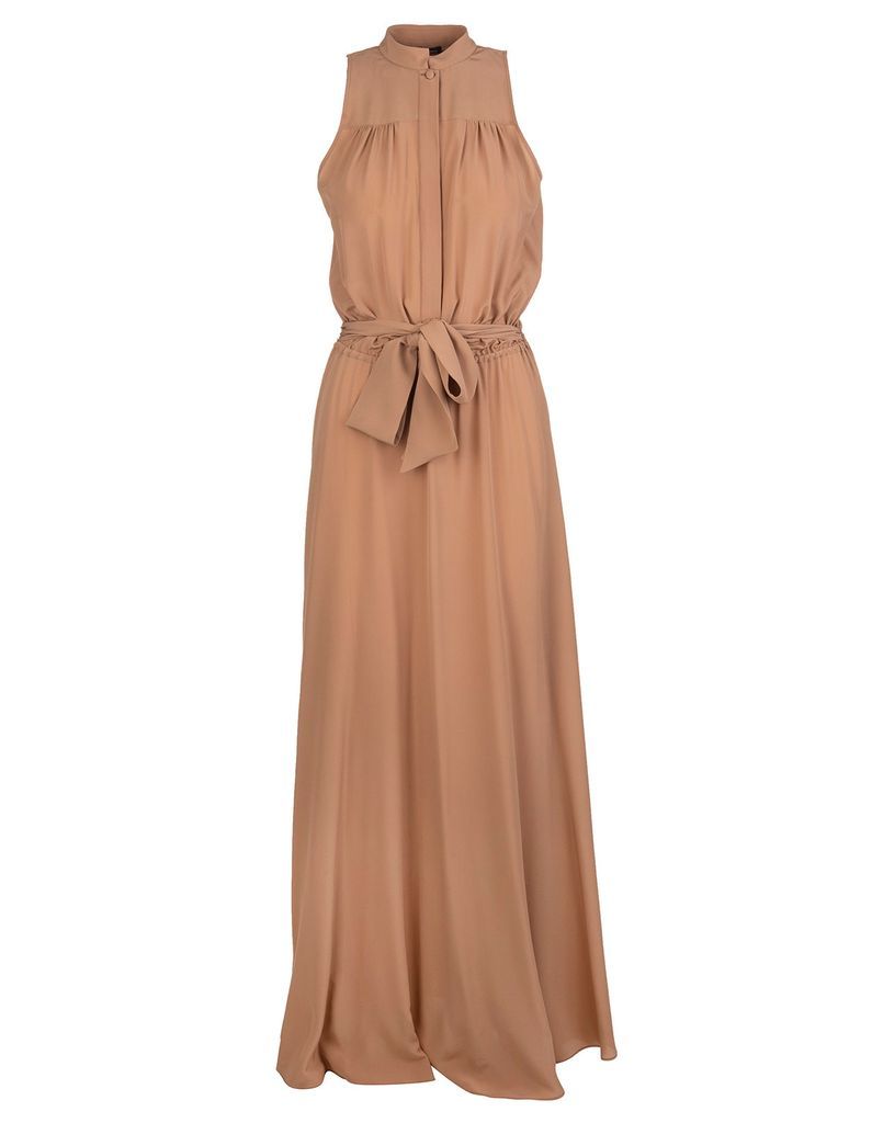 Light Beige Silk Belted Silk Maxi Dress
