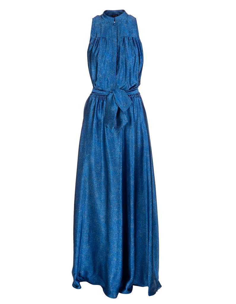 Fantasia Blue Metallic Belted Silk Gown