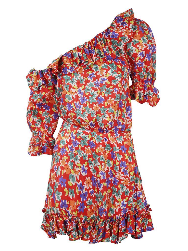 One-shoulder Floral Printed Asymmetric Dress