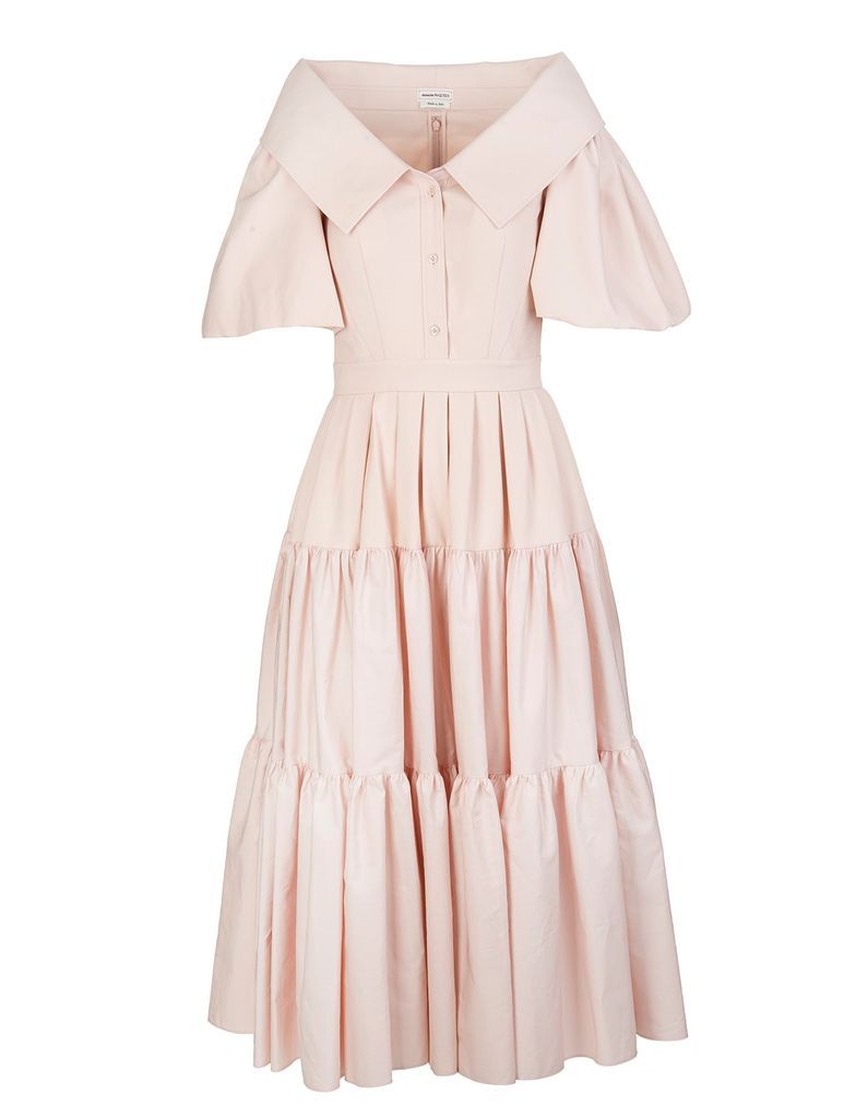 Pale Pink Poplin Midi Dress With Open Collar