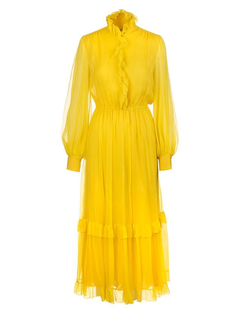 Long Yellow Silk Dress With Ruffles