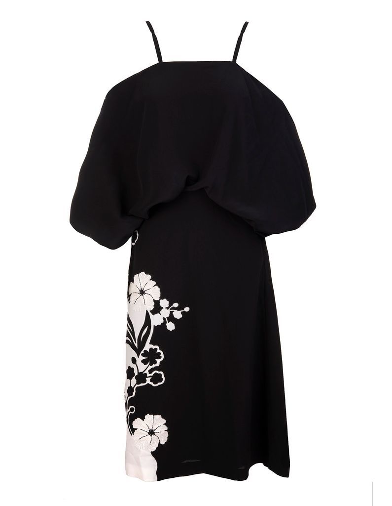 Black Off Shoulder Midi Dress With Embroidered Floral Inlays