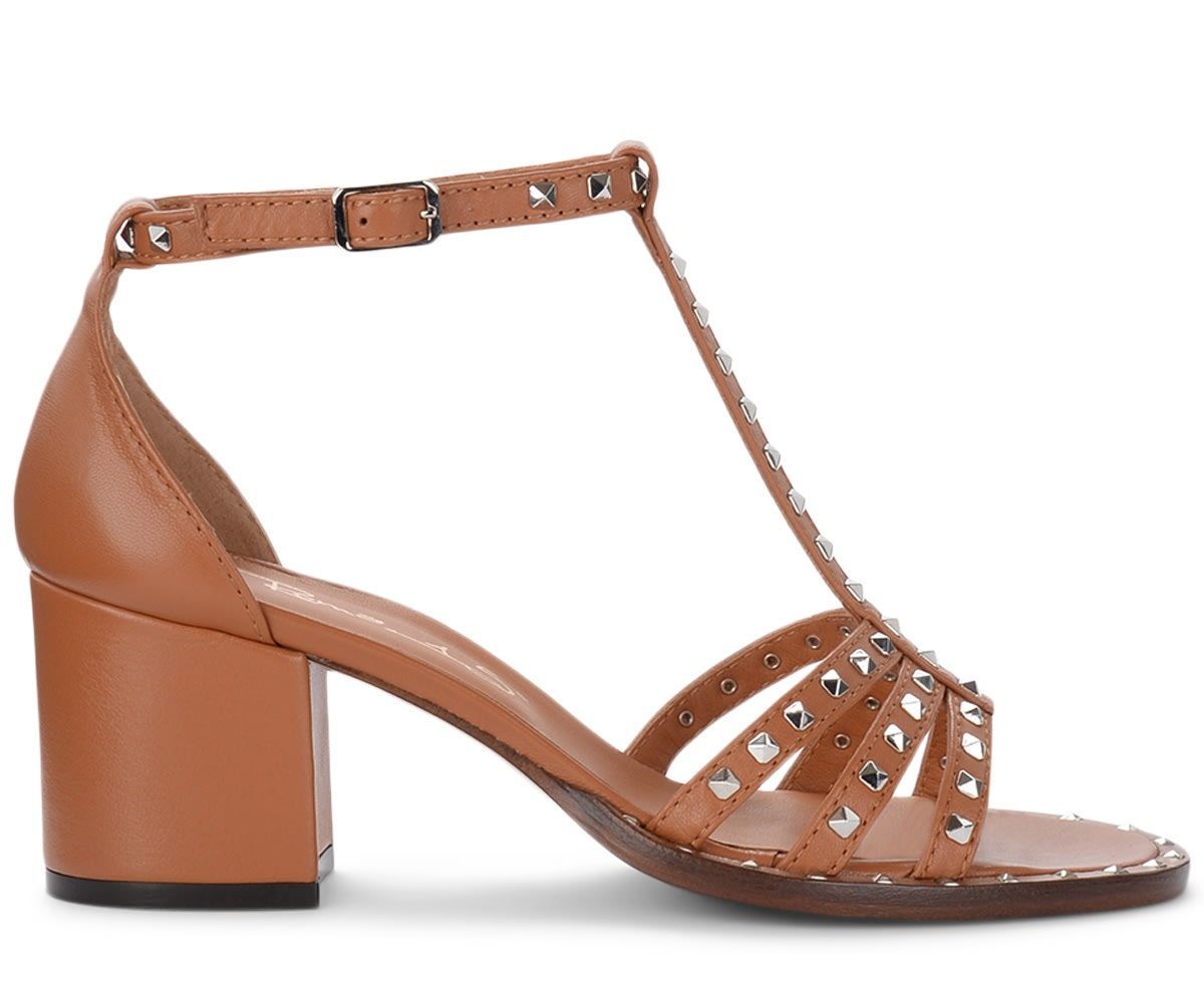 Heeled Sandals In Tan Leather With Studs