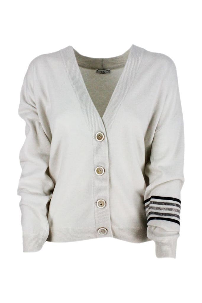 Cardigan Sweater With Cashmere Buttons With Rows Of Jewels On The Arm