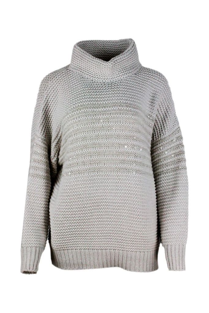Crater Neck Sweater In Cashmere, Wool And Silk With Links Stitch Embellished With Applied Sequins