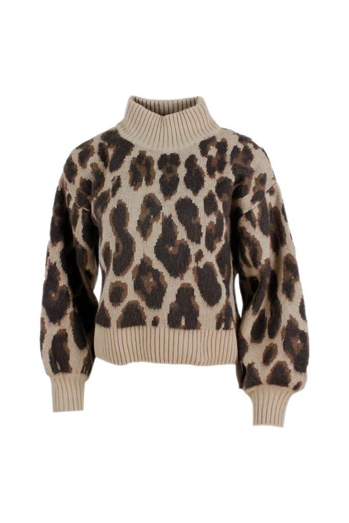 Turtleneck Sweater In Wool Blend With Wide Sleeves With Animalier Pattern