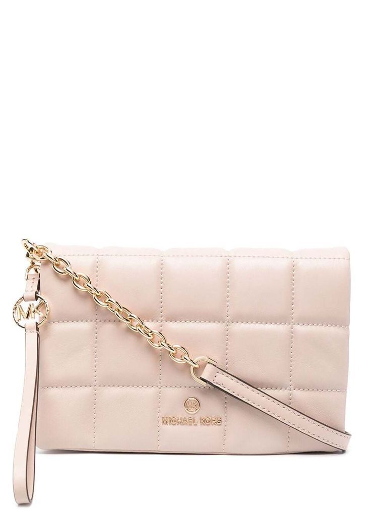 Pink Quilted Leather Crossbody Bag With Logo