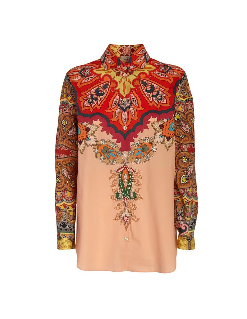 Etro Woman Red And Light Pink Shirt With Multicolored Paisley Print