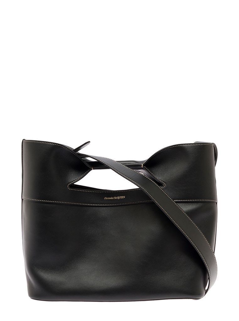 The Bow Black Leather Handbagh With Logo Alexander Mcqueen Woman
