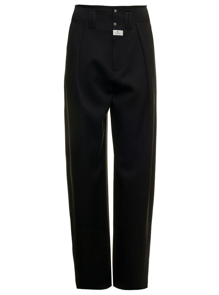 Oversize Black Wool Pants With Logo Etro Woman