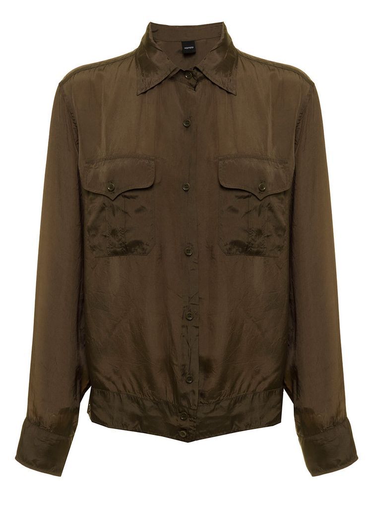 Womans Military Green Satin Shirt With Pockets