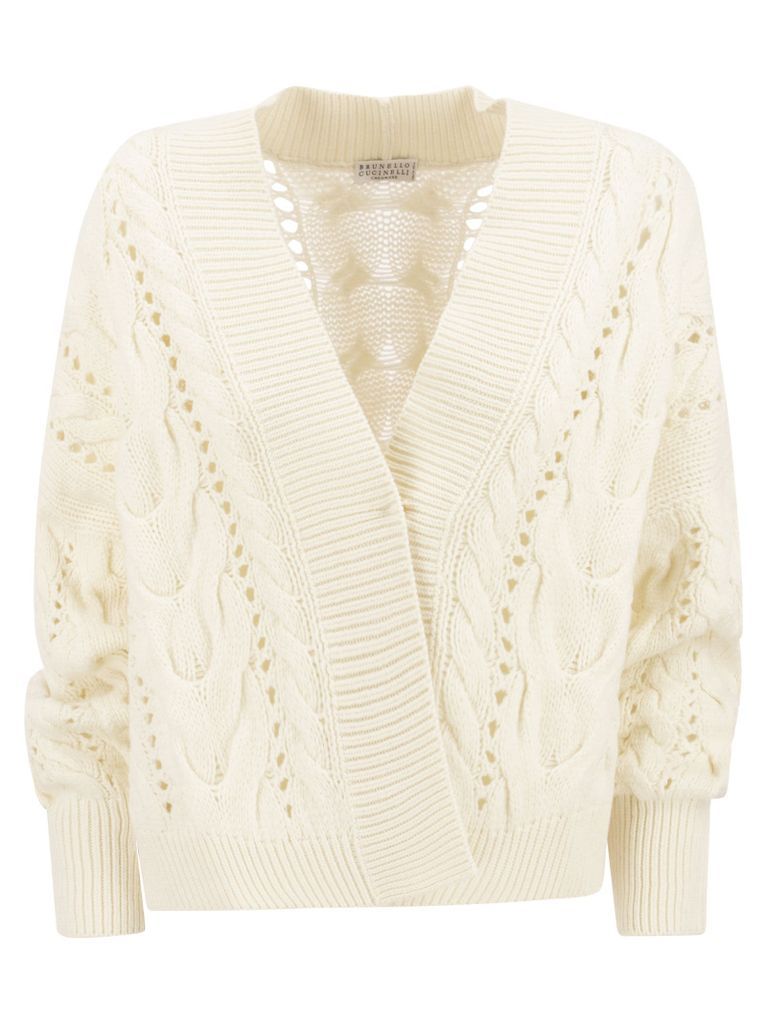 Soft Cable Cardigan In Virgin Wool, Cashmere And Silk Feather