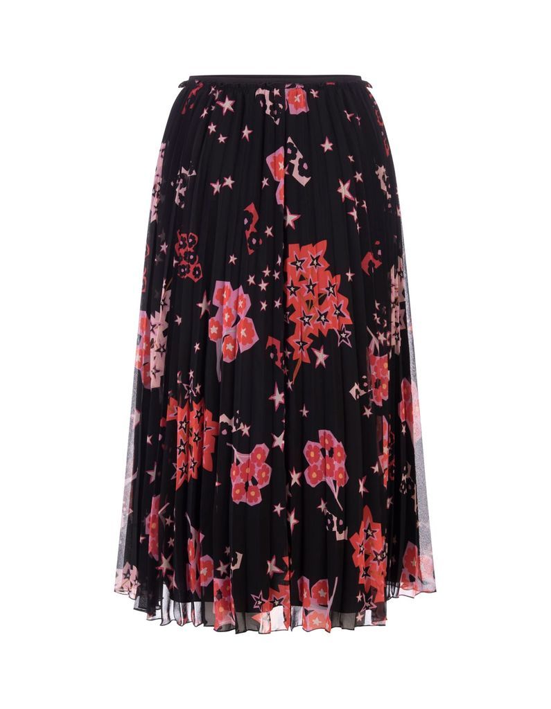 Black Georgette Pleated Midi Skirt With Patchwork Flowers
