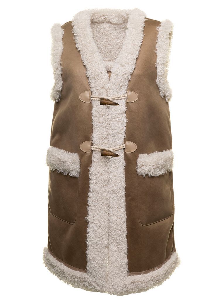 Sleeveless Beige Coat With Eco Shearling Trimmings Woman Urbancode