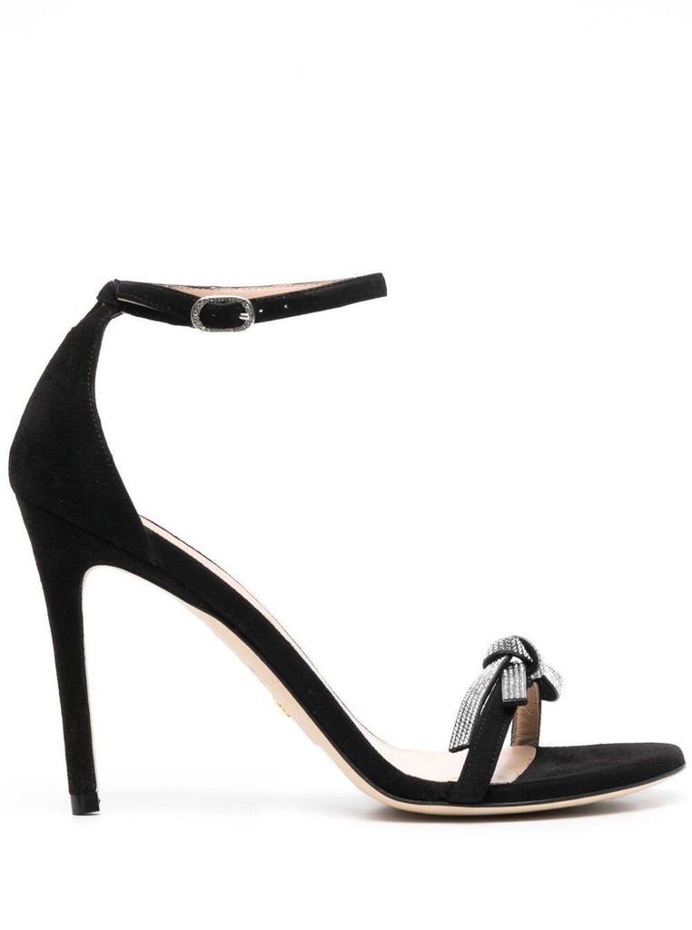 Black Suede Sandals With Crystal Bow Detail Stuart Weitzman Woman