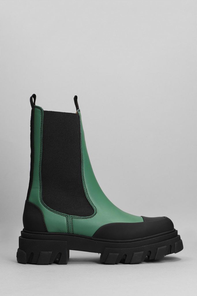 Cleated Mid Chelsea Combat Boots In Green Leather