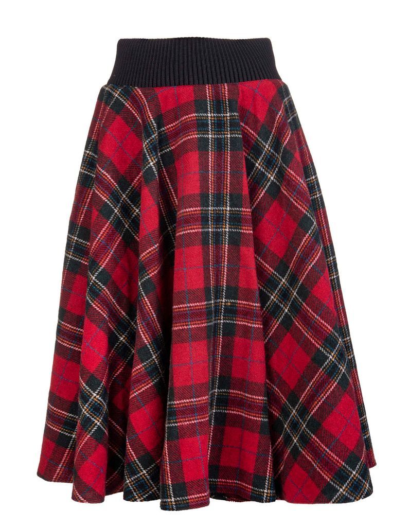 Flared Midi Skirt In Red Wool With Tartan Motif