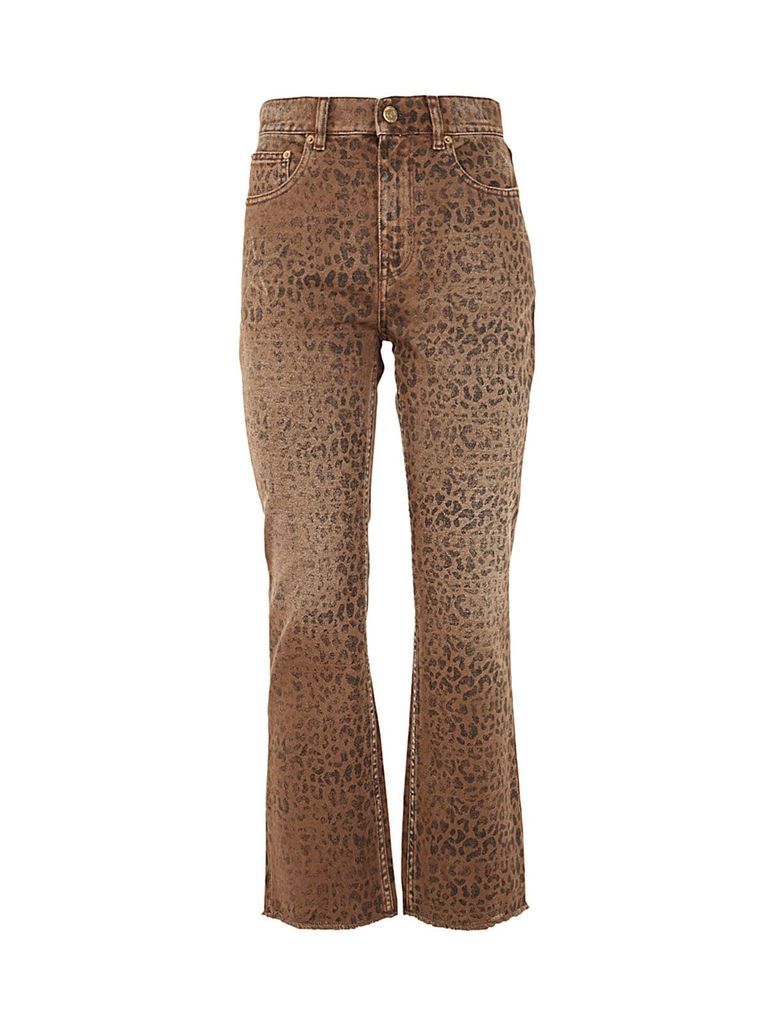 Golden Cropped Flare Faded Leopard Printed Denim