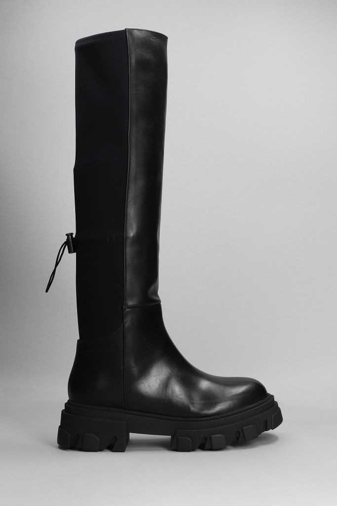 Gia 12 Low Heels Boots In Black Leather And Fabric