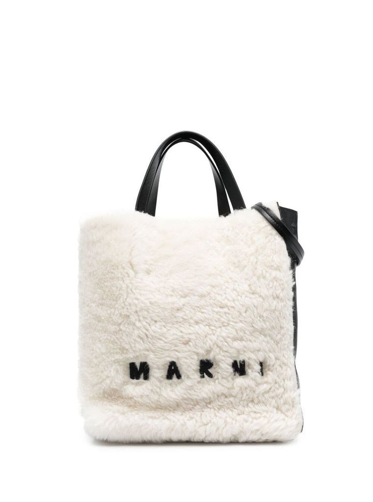 Museum White And Black Wool Shopper Bag With Logo Marni Woman