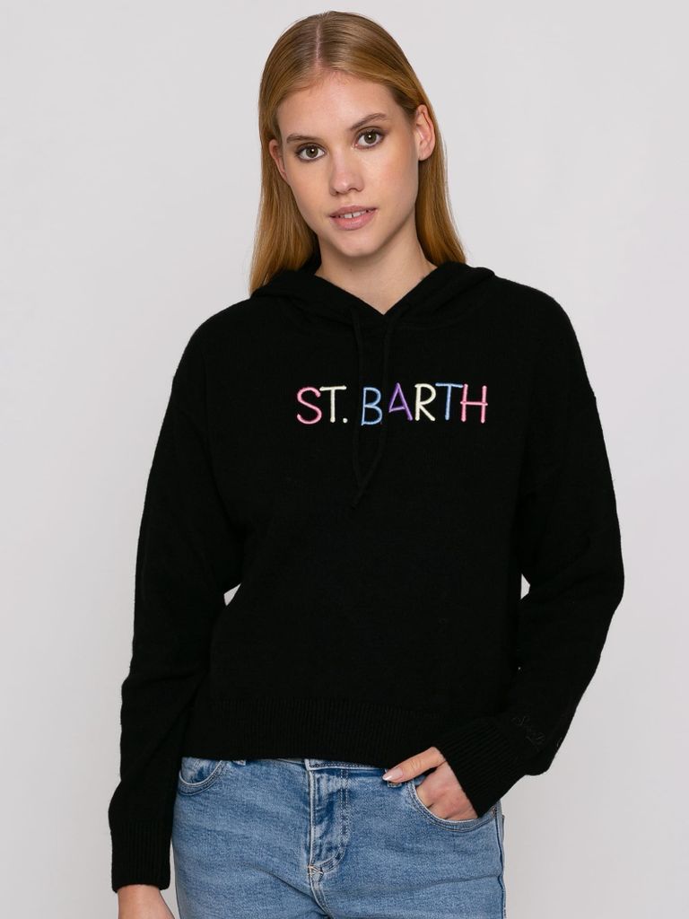 Cropped Knit Hoodie With Saint Barth Embroidery