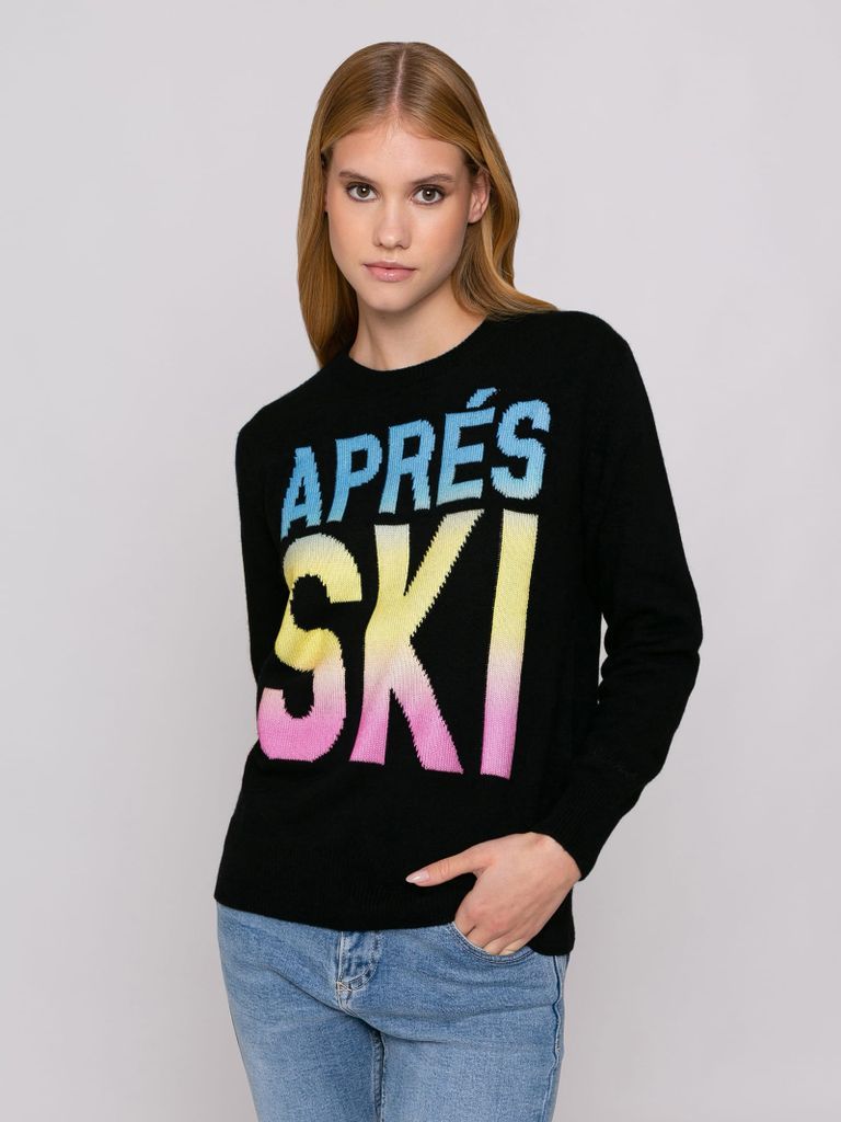 Woman Black Sweater Aprés Ski Degrade Writing