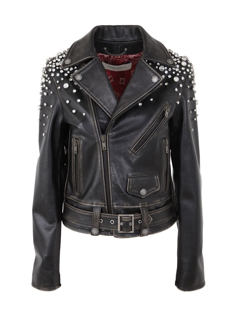 Golden Chiodo Jacket Distressed Bull Leather With Crystals Stones