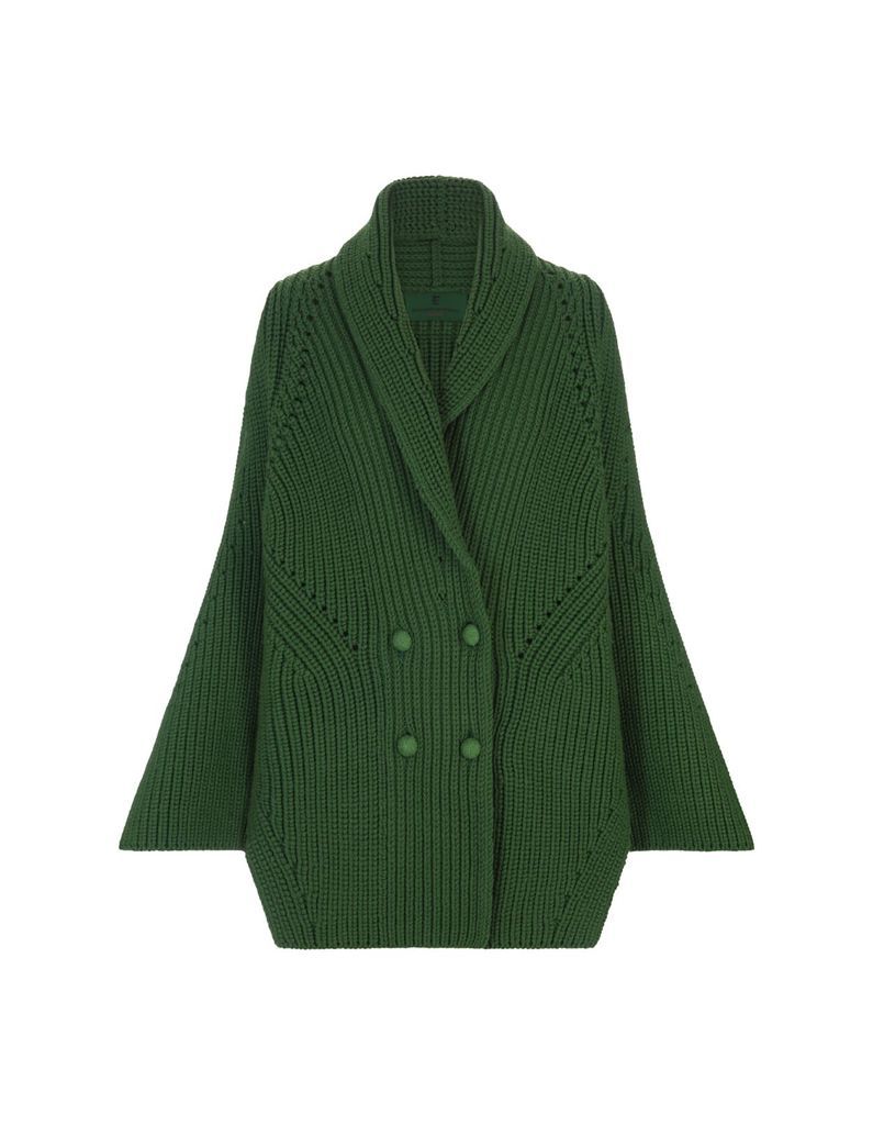 Double-breasted Maxi Cardigan In Green Wool