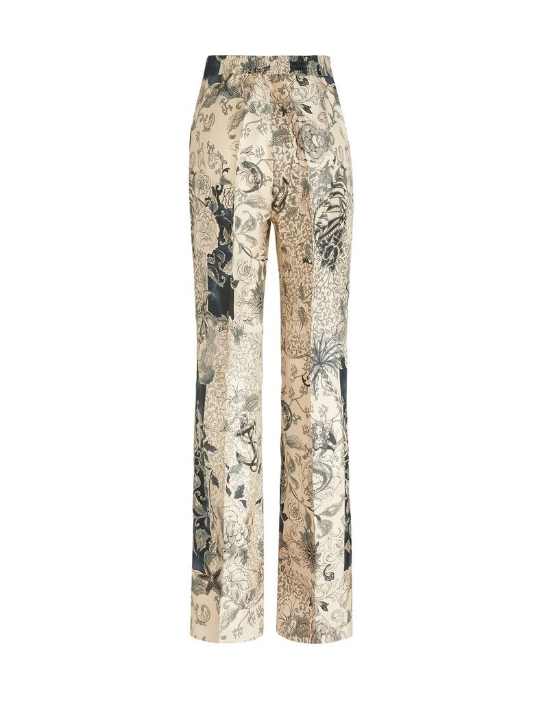 Woman Palazzo Trousers In Silk With Navy Blue Print