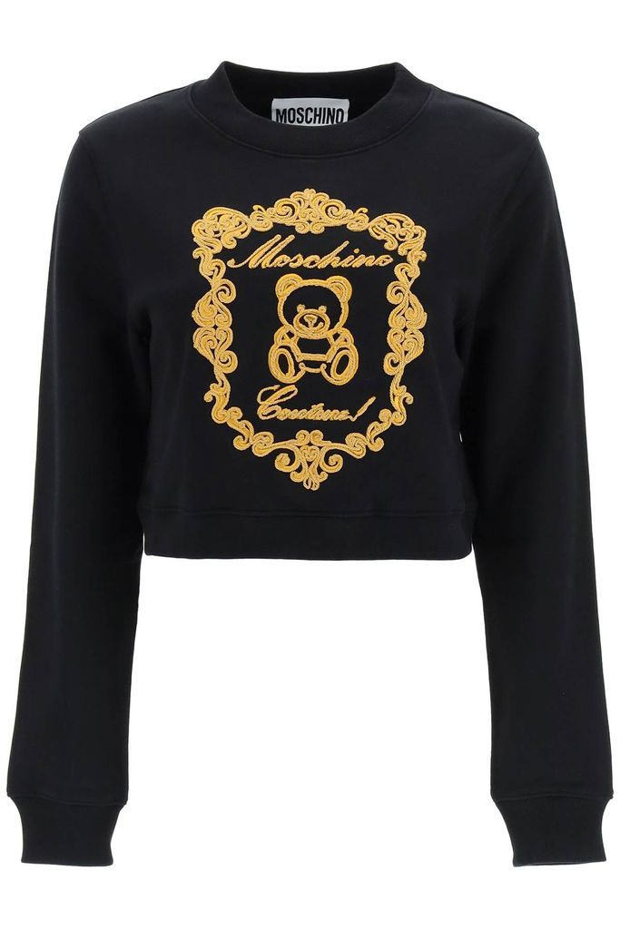 Cropped Sweatshirt With Teddy Bear Embroidery
