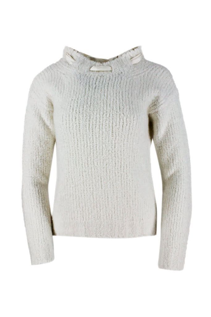 Cashmere And Silk Bouclé Crewneck Sweater With Back Opening With Silk Bow For Closure.