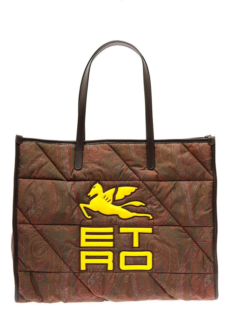 Brown Maxi Tote Bag In Quolted Jacquard Nylon With Cube Logo Etro Woman