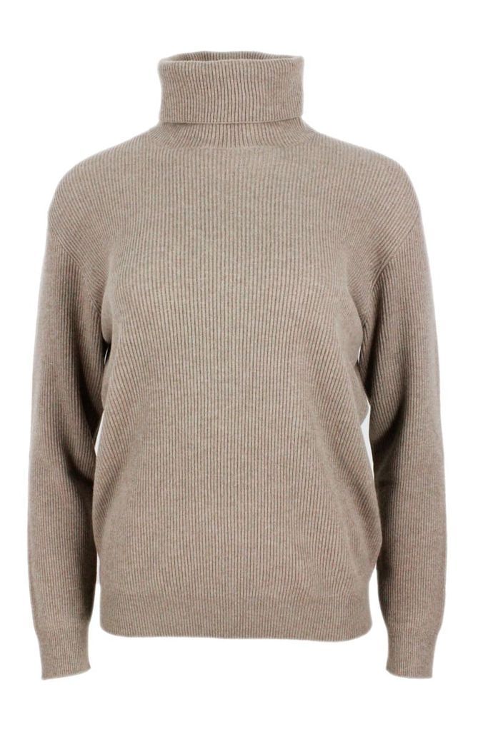 High Neck Sweater In Soft And Pure Cashmere Half English Rib With Monili Detail On The Neck In The Back