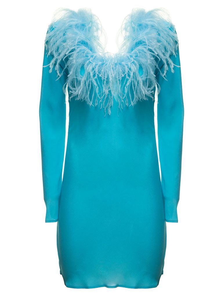 Light Blue Crepe De Chine Dress With Feathers Gianluca Capannolo Woman