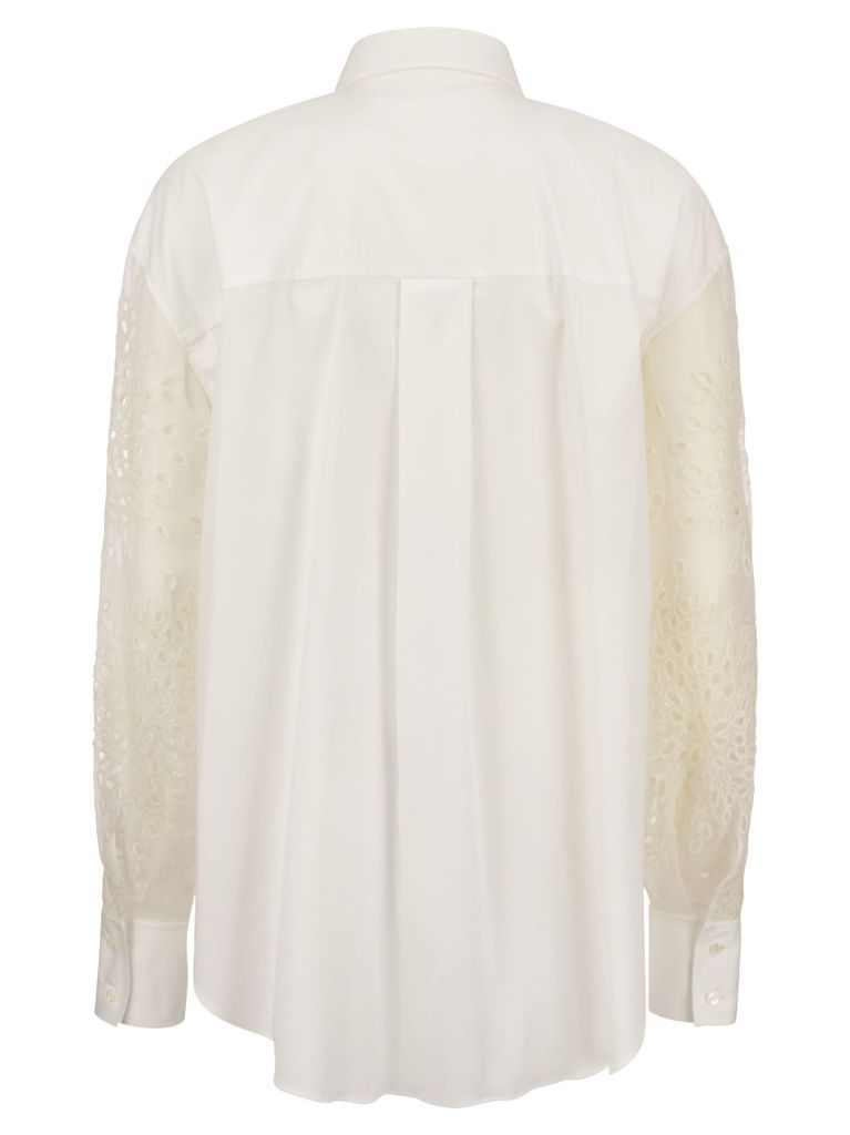 Stretch Cotton Poplin Shirt With Crispy Silk Broderie Anglaise Sleeve
