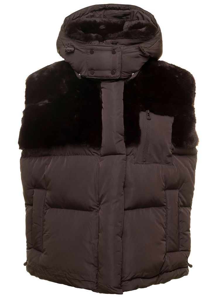 Dark Brown Sleeveless Down Jacket With Faux Fur Detailing Woman Vegancode