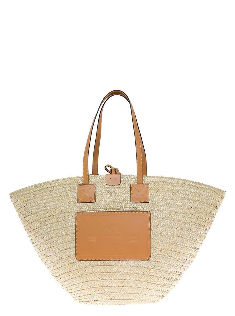 Beige Straw And Leather Shopper Bag With Logo