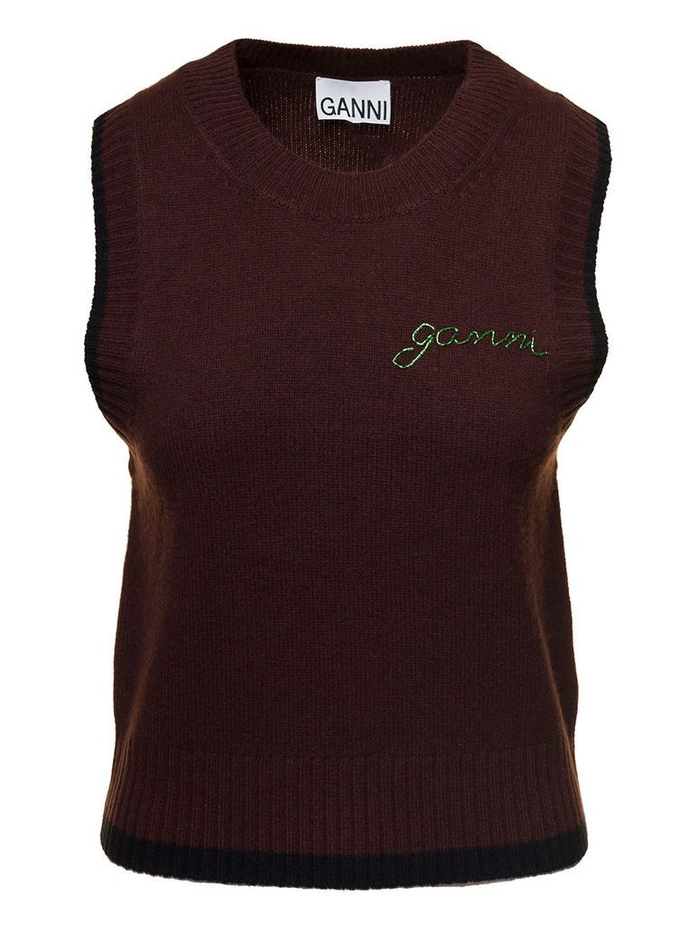 Brown Vest With Contrasting Embroidered Logo In Wool And Cashmere Woman Ganni