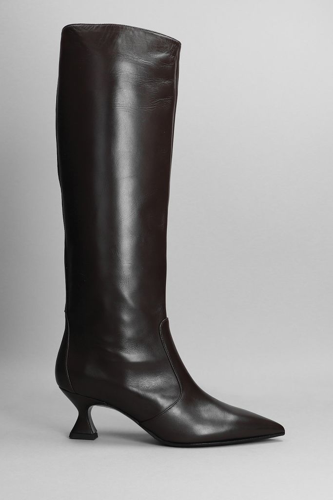 High Heels Boots In Dark Brown Leather