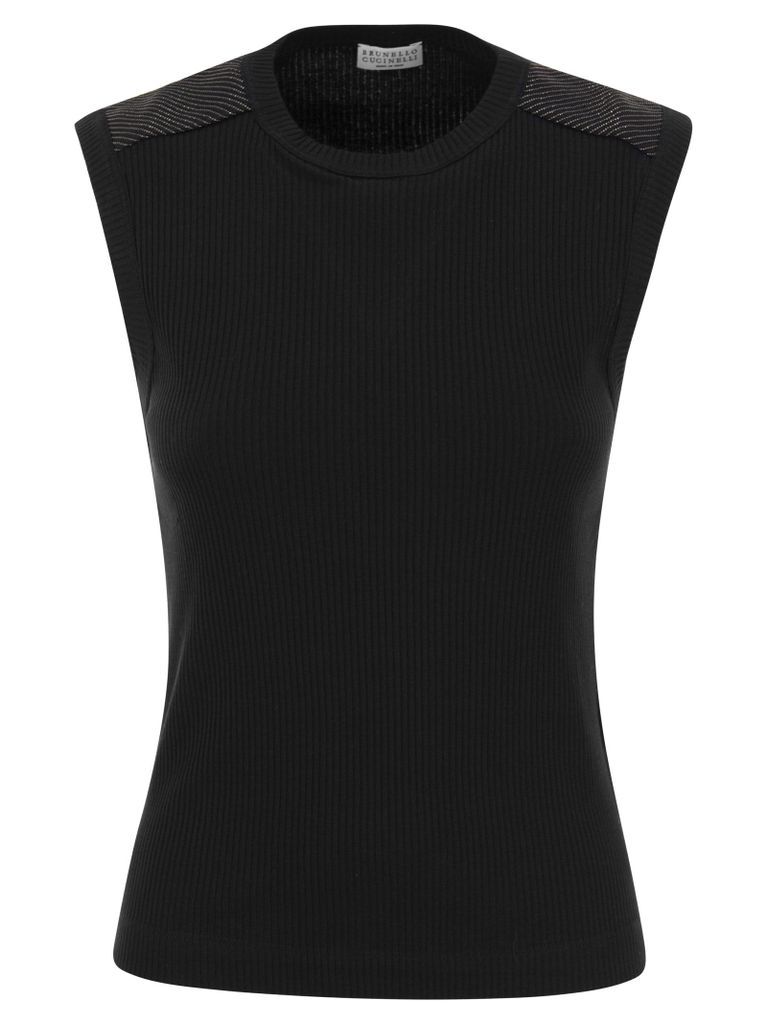 Ribbed Cotton Jersey Top With Shiny Shoulders