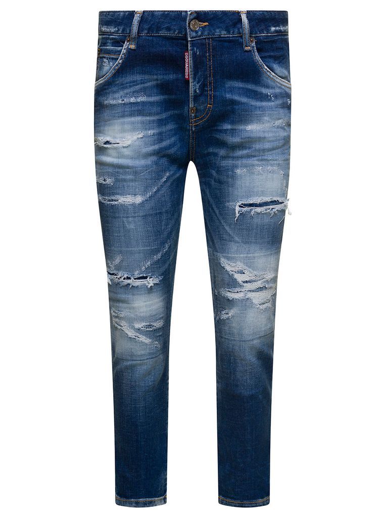Blue Cropped Jeans With Destroyed Detailing In Stretch Cotton Denim Woman