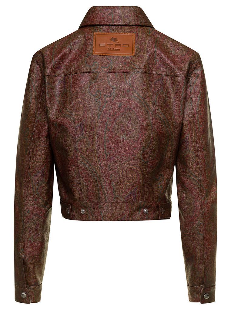 Brown Short Jacket With Matt Grain Coated Paisley Jacquard Cotton Blend Woman