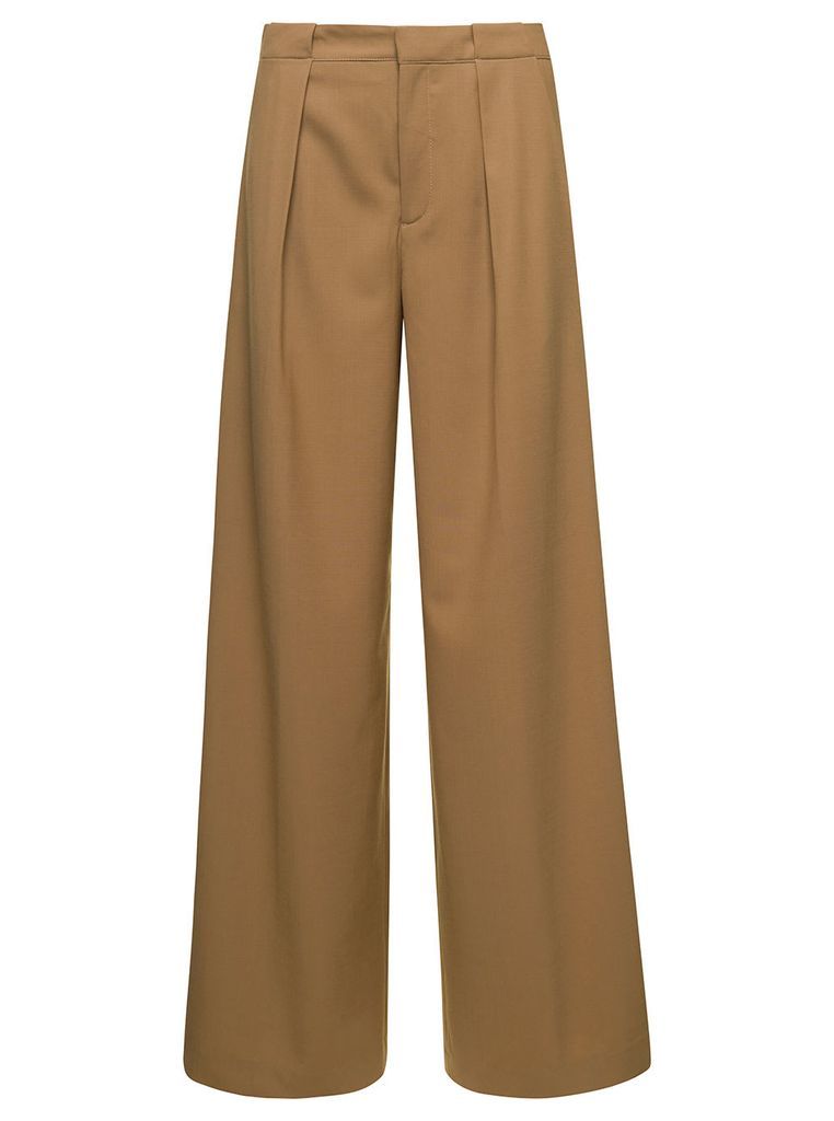 Brown Loose Pants With Concealed Fastening And Belt Loops In Wool Blend Woman